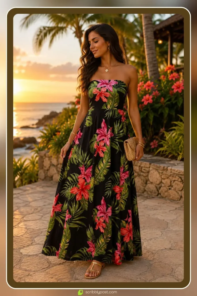 Tropical print maxi dress in bright resort colors