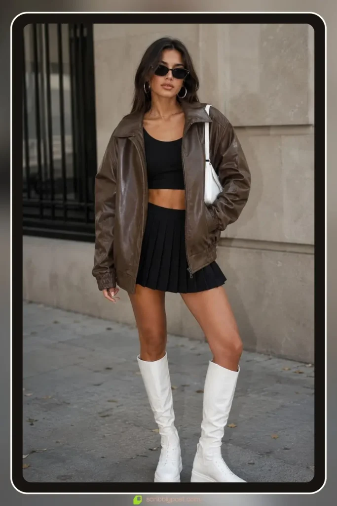 Varsity jacket outfit with wool and leather sleeve jacket over pleated mini skirt and platform sneakers
