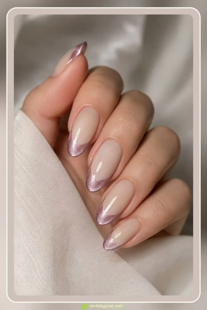 Velvet french tip nails with plush shimmer tips on cream base