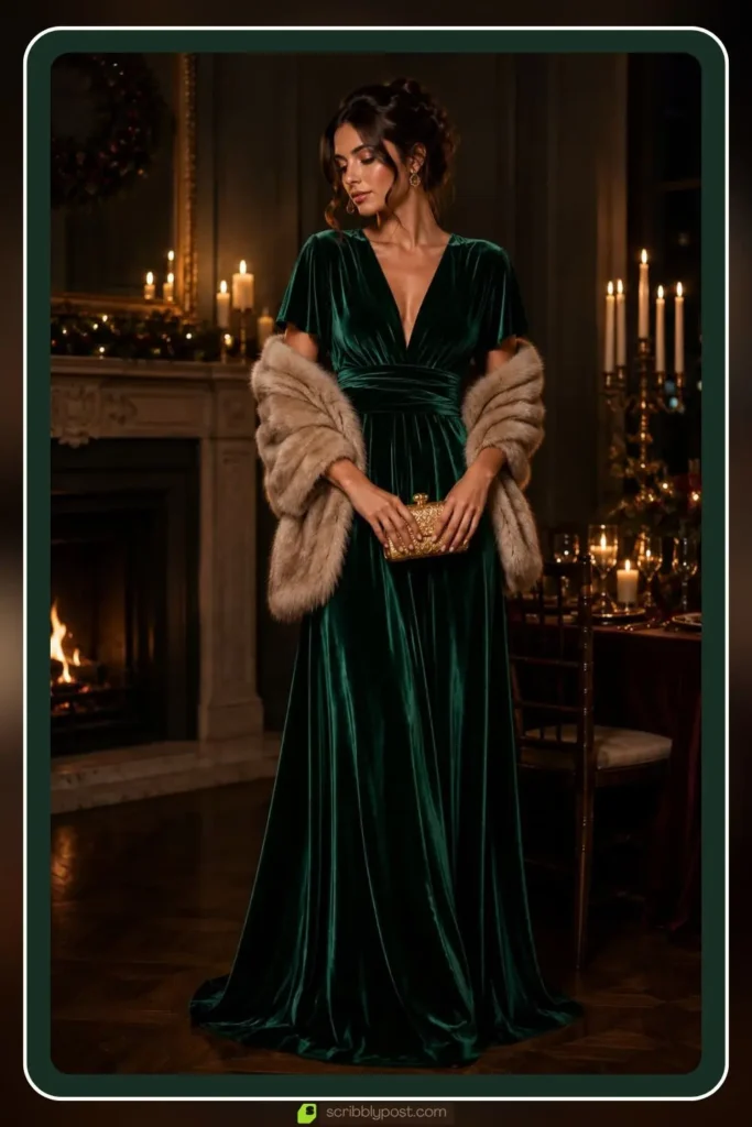 Velvet maxi dress in deep jewel tone for winter evening