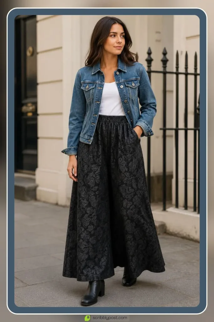 Vintage inspired floral wide leg pants with denim jacket