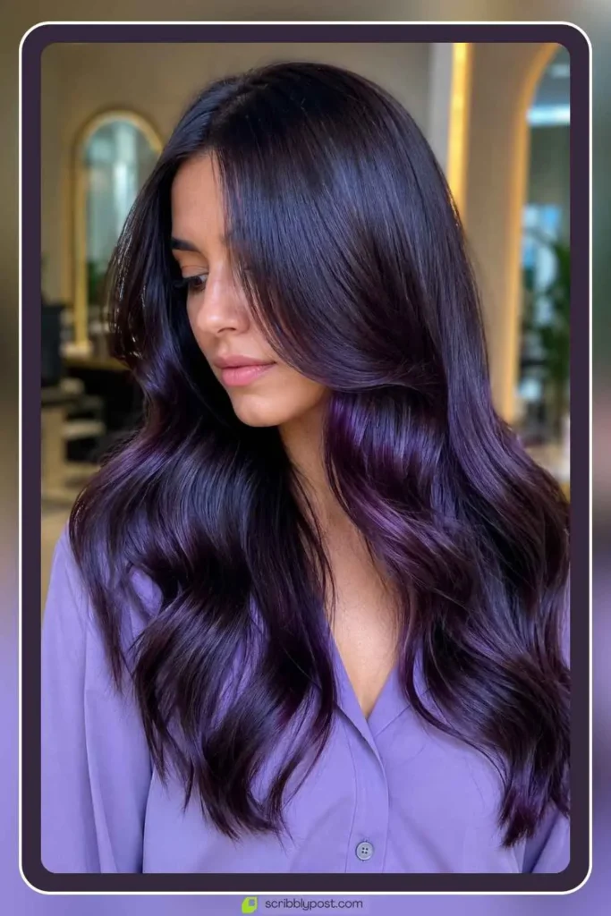 Violet reflect hair color glaze on natural dark long hair