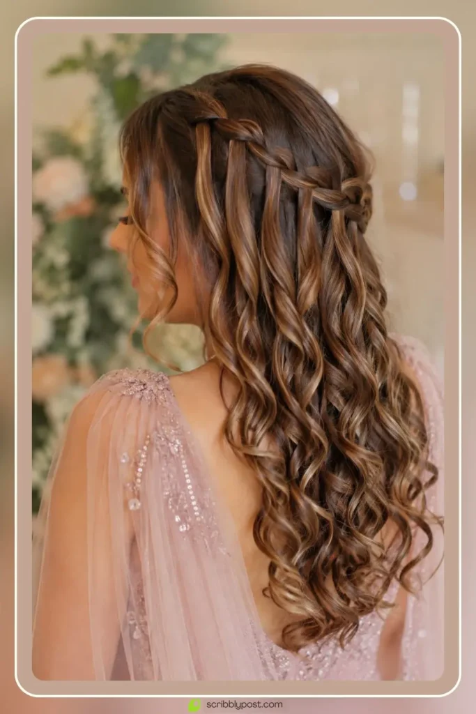 Waterfall braid with curls cascading in soft waves