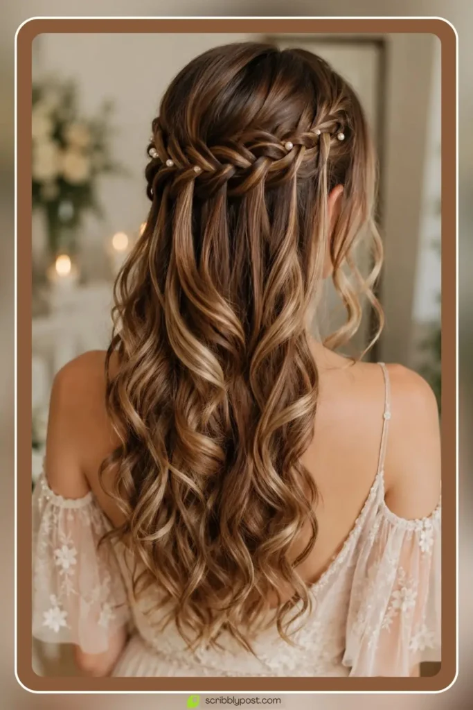 Waterfall braid wedding hair with curls and pearl pins