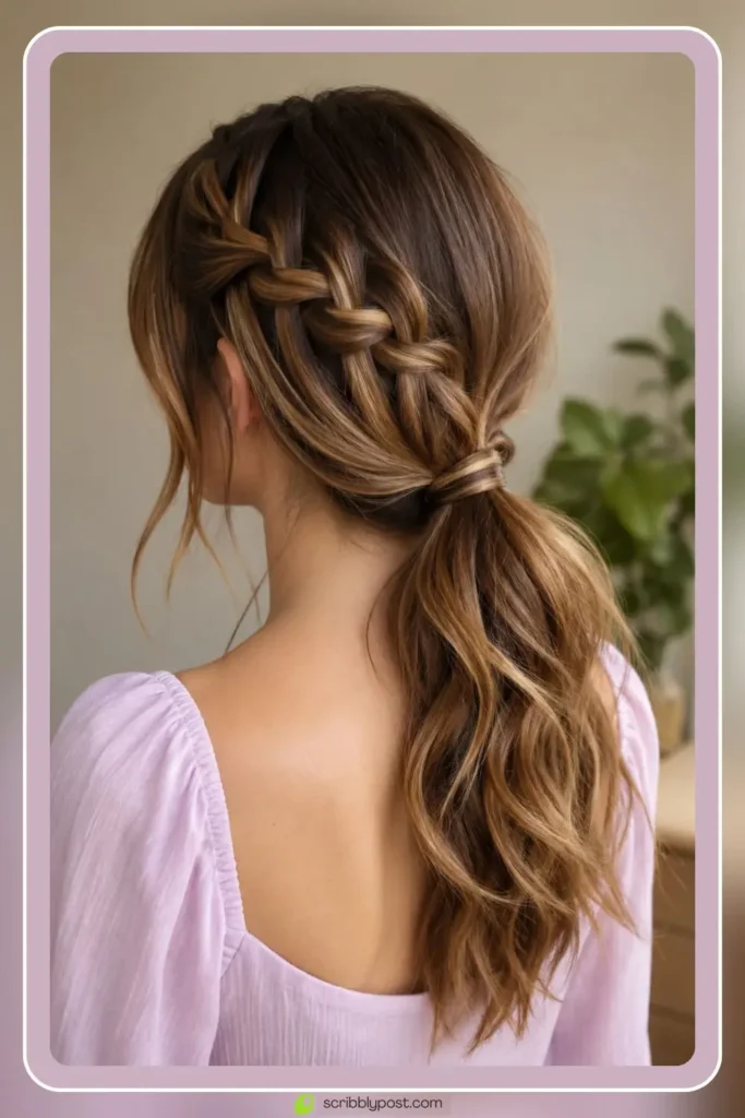 Waterfall braid flowing into loose low ponytail