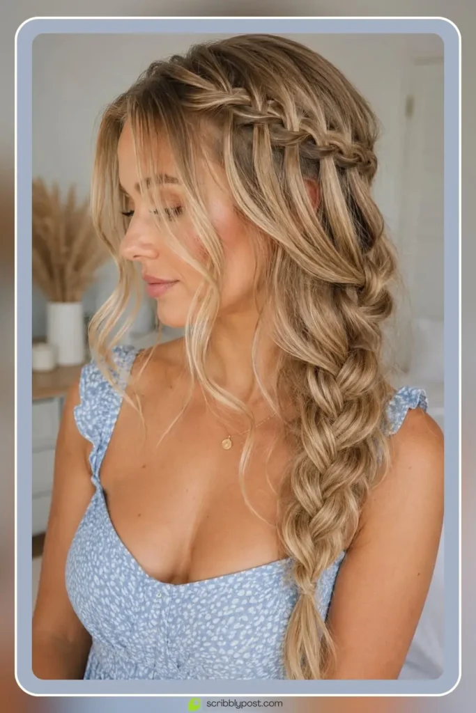 Waterfall braid with loose face framing front pieces