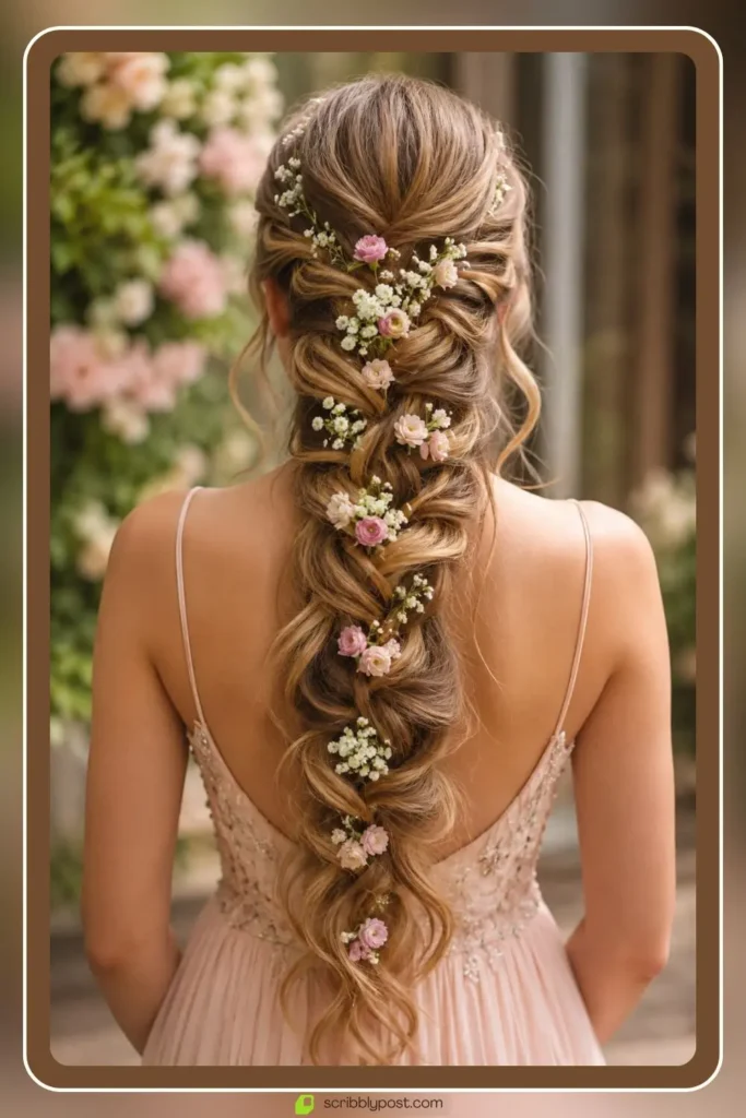 Waterfall braid decorated with small fresh flowers