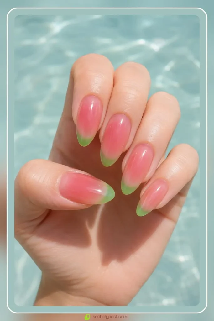Watermelon jelly nails with pink and green translucent tints