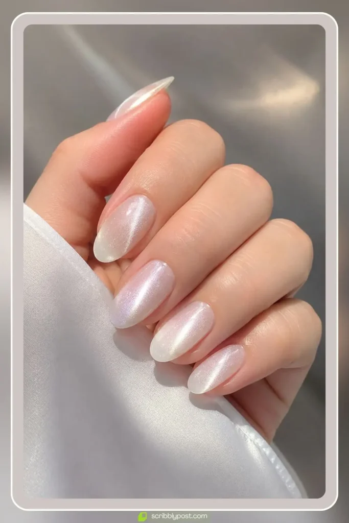 White cat eye nails with pearl shimmer band on milky base