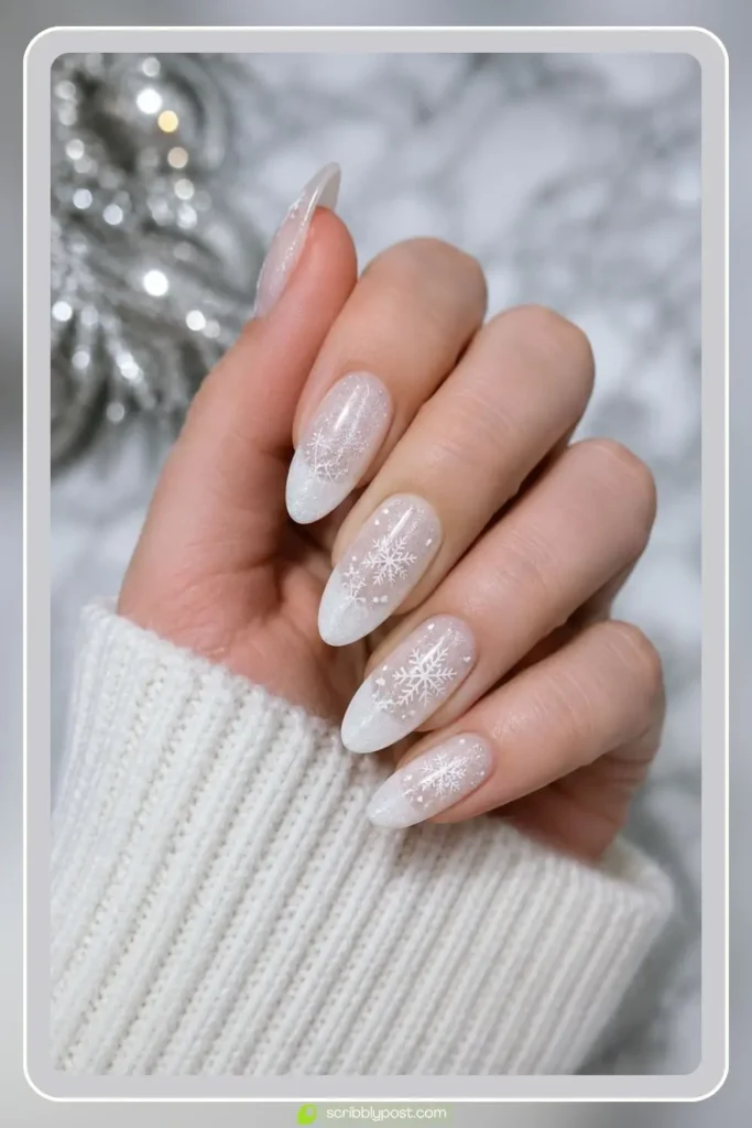 White christmas nails with snowflake art on icy shimmer base