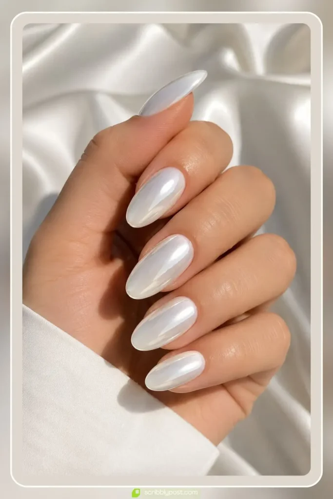 White chrome nails with pearlescent mirror shine