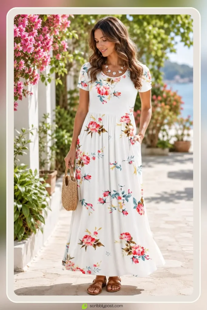 White floral dress with blooms on white ground