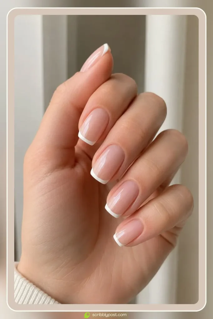 White french tip nails with crisp smile line on sheer base