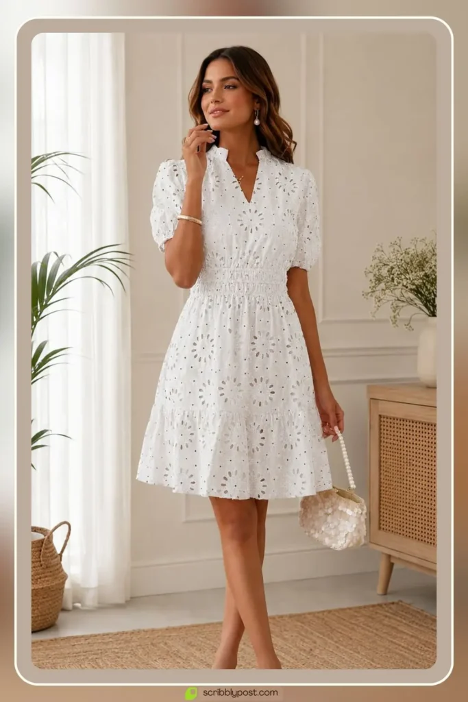 white lace mini dress for an engagement party as the bride-to-be