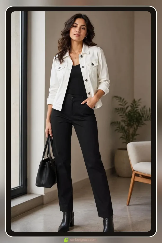 White leather jacket outfit with fitted white jacket over black straight leg trousers and black pointed toe boots