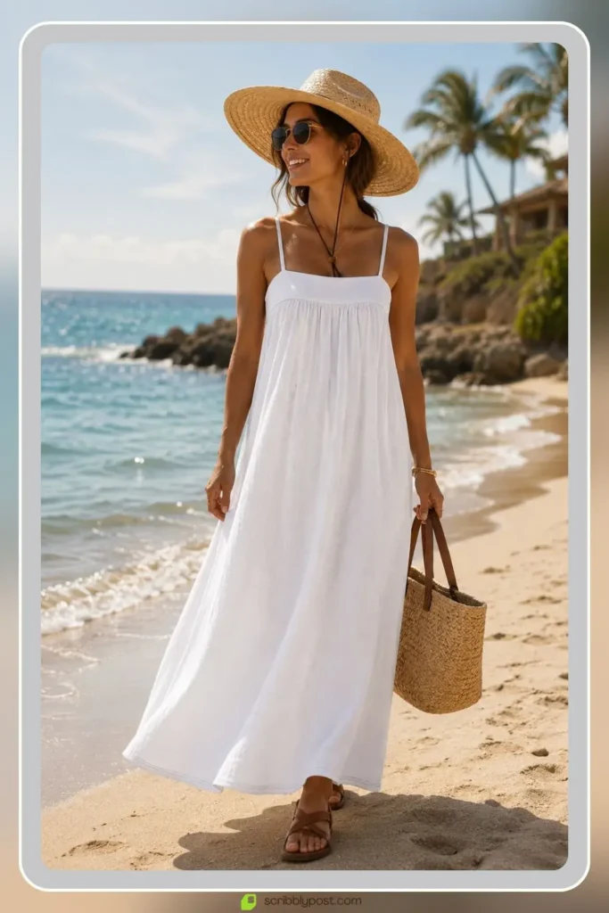 White linen maxi dress on the beach with flowing silhouette