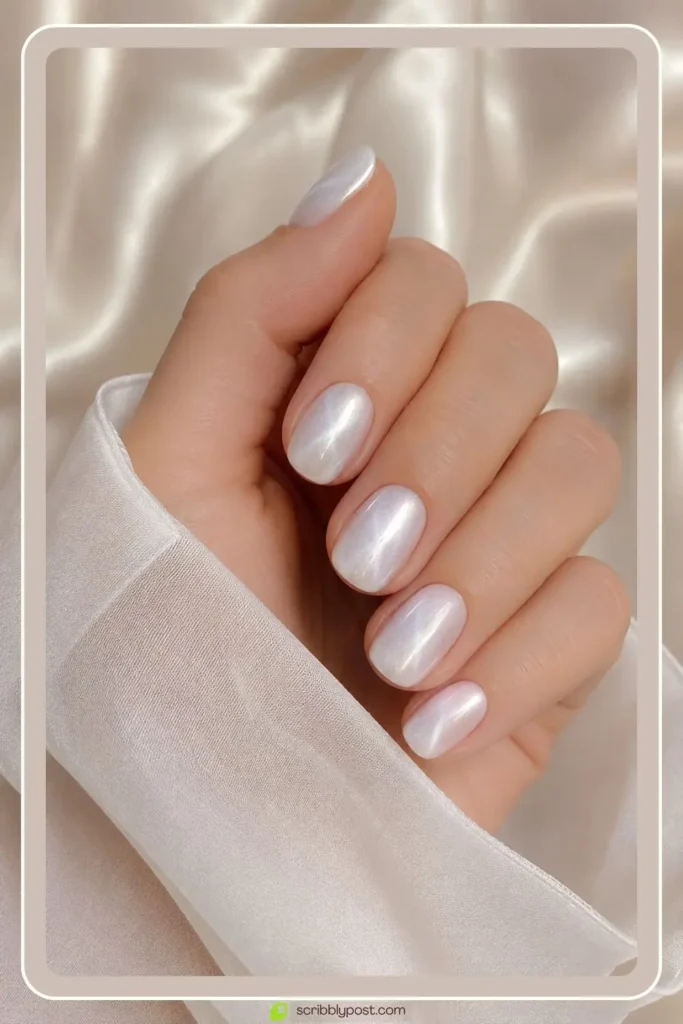 White cat eye nails with pearl shimmer band on short round nails
