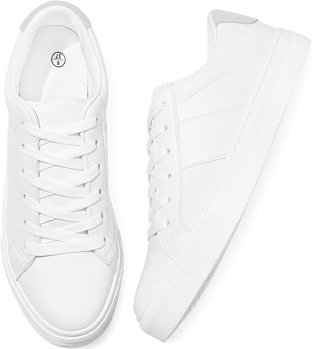 White retro sneakers for red and denim outfit