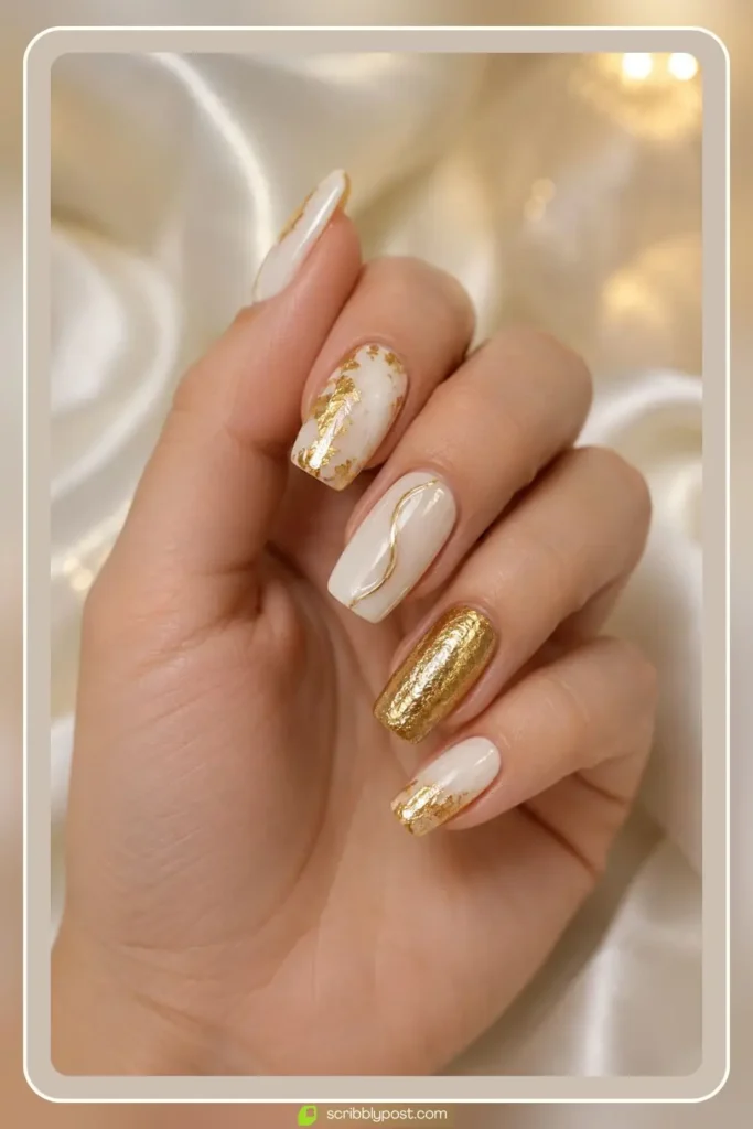 White and gold nails with foil accents on creamy base