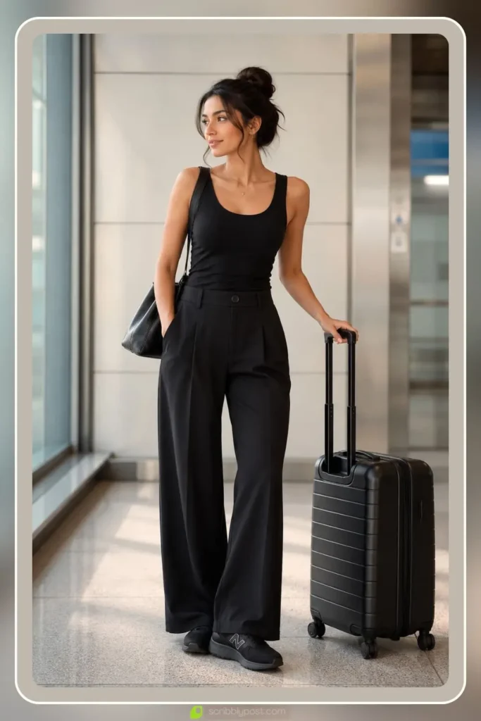 Soft wide leg trousers with a fitted ribbed tank, Wide Leg Trousers and Fitted Tank, minimal travel outfit for women