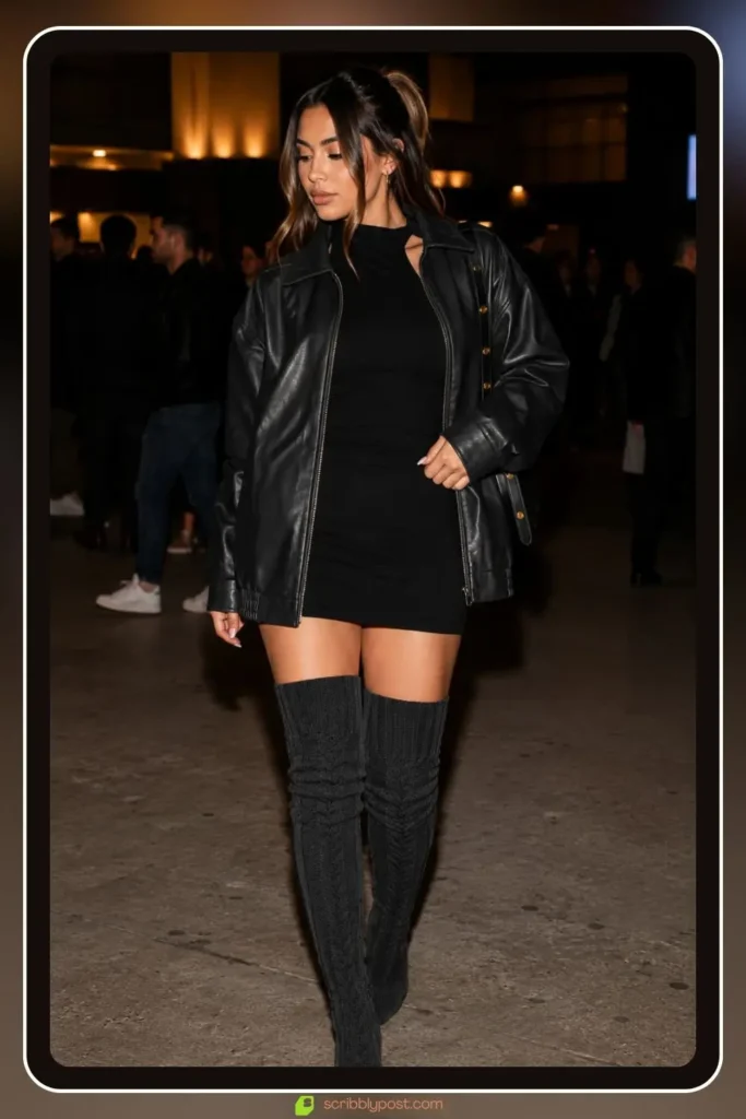 Winter concert outfit with moto leather jacket, bodycon mini dress, and thigh high boots