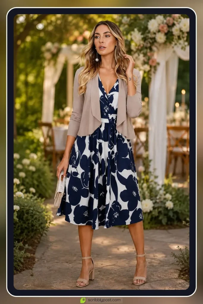 Business casual wedding attire with midi dress and blazer