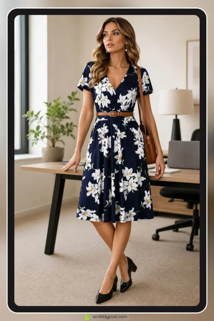 Classic wrap dress business casual outfit with low heels