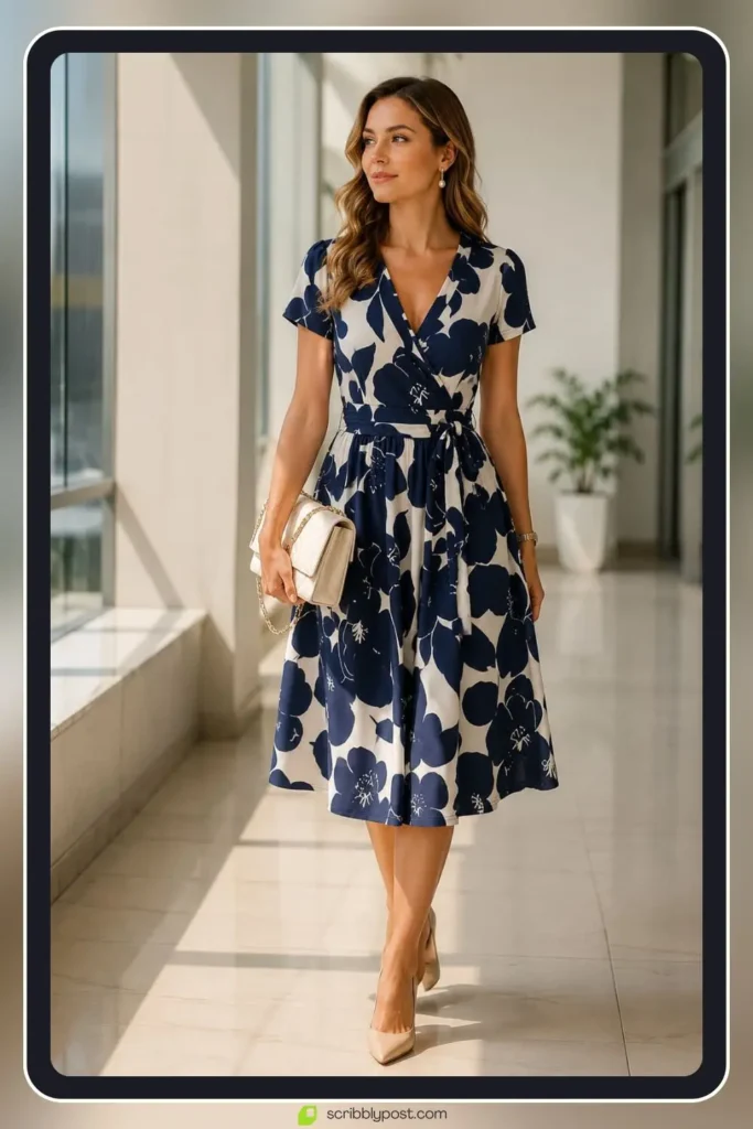 Wrap floral dress with universally flattering tie waist