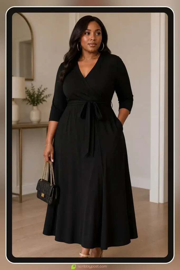 wrap maxi dress in a plus size fit for an engagement party guest