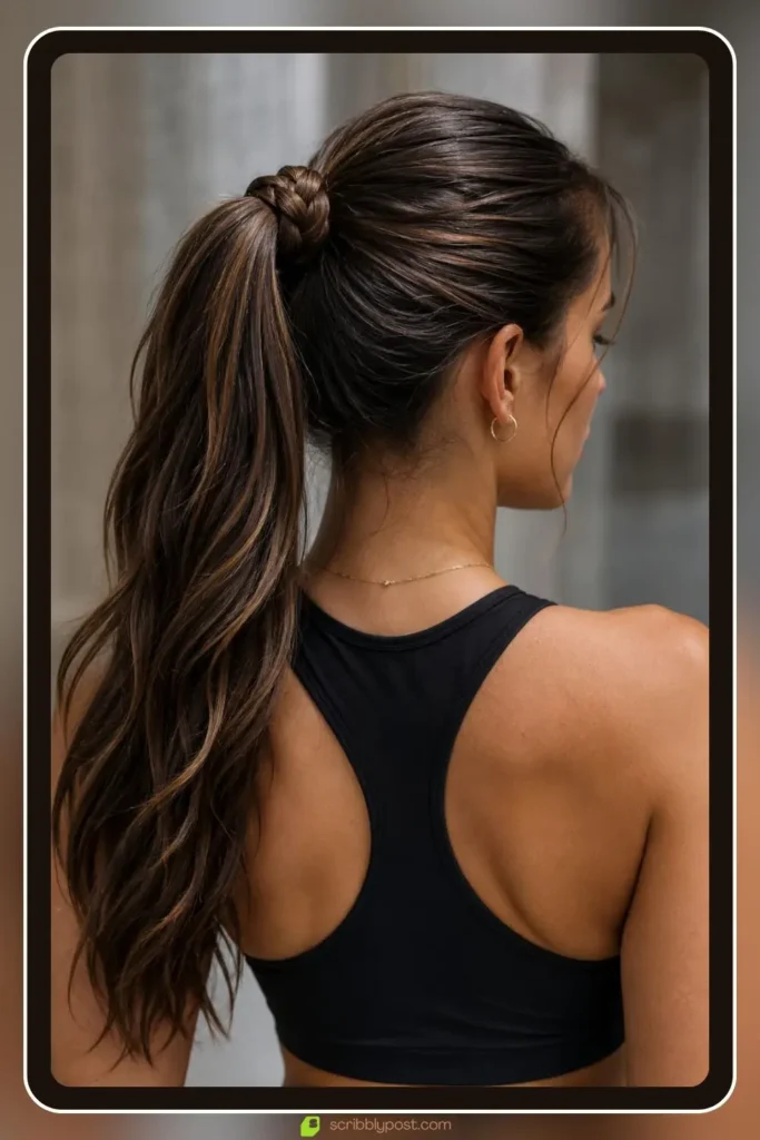 High ponytail with a small braid wrapped around the elastic, Wrapped Braid Ponytail, polished sporty hairstyle
