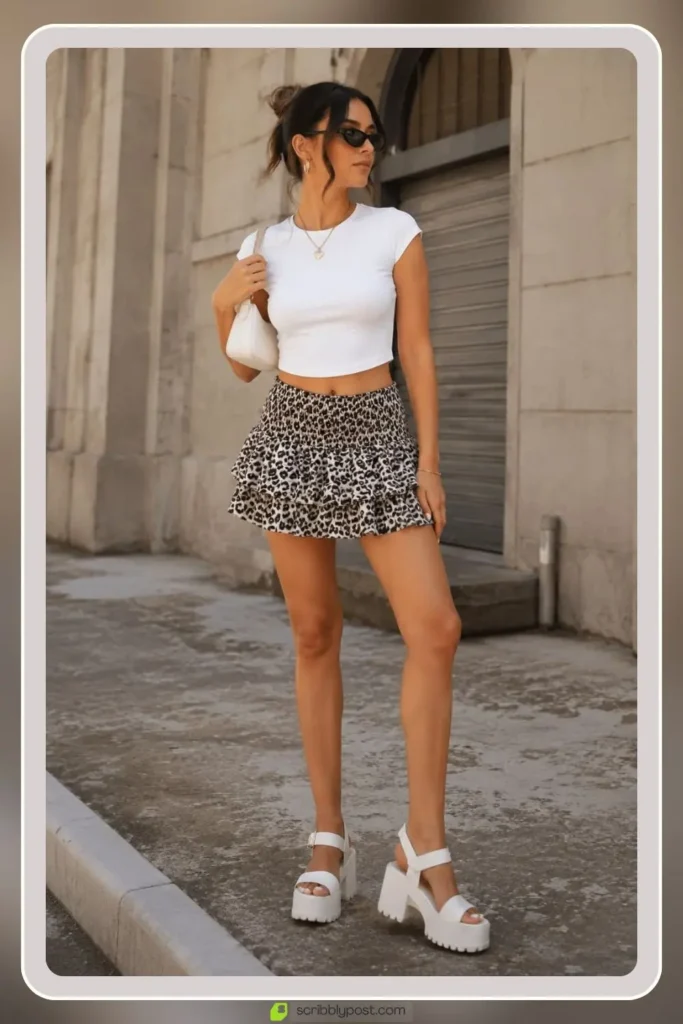 Y2K leopard print outfit with low rise and baby tee