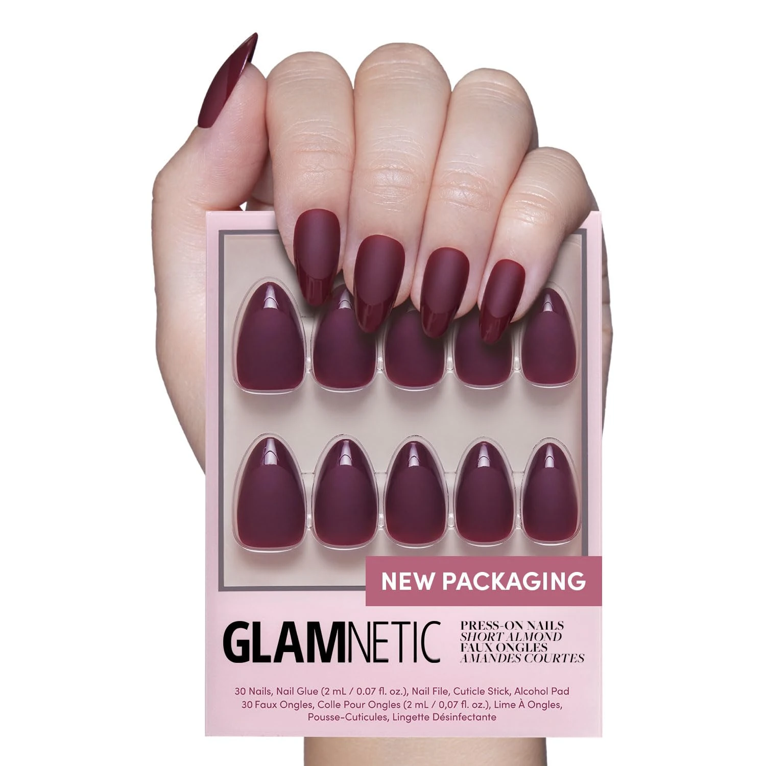 Almond press on nails in burgundy wine solid