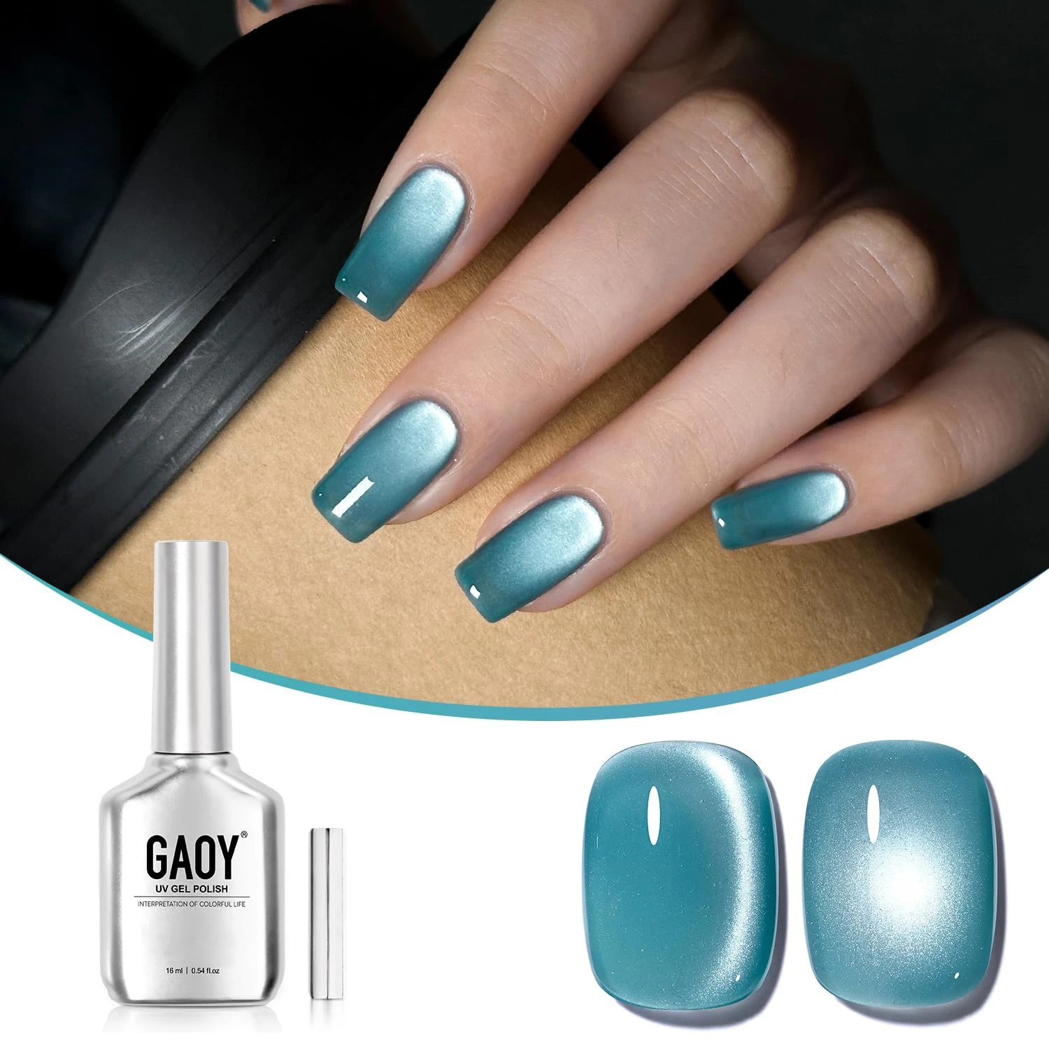 Aqua blue cat eye gel for summer shimmer nails