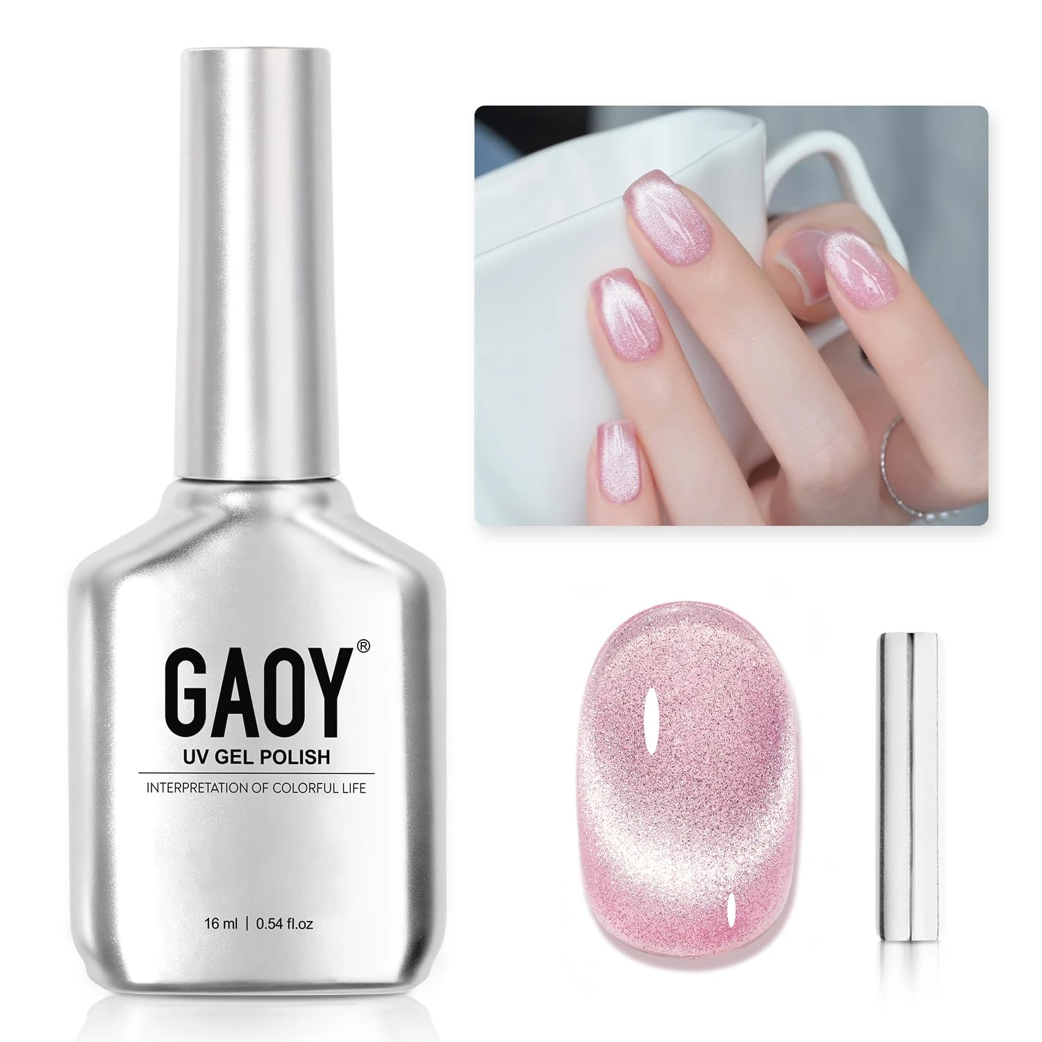 Baby pink cat eye gel for cute heart nails