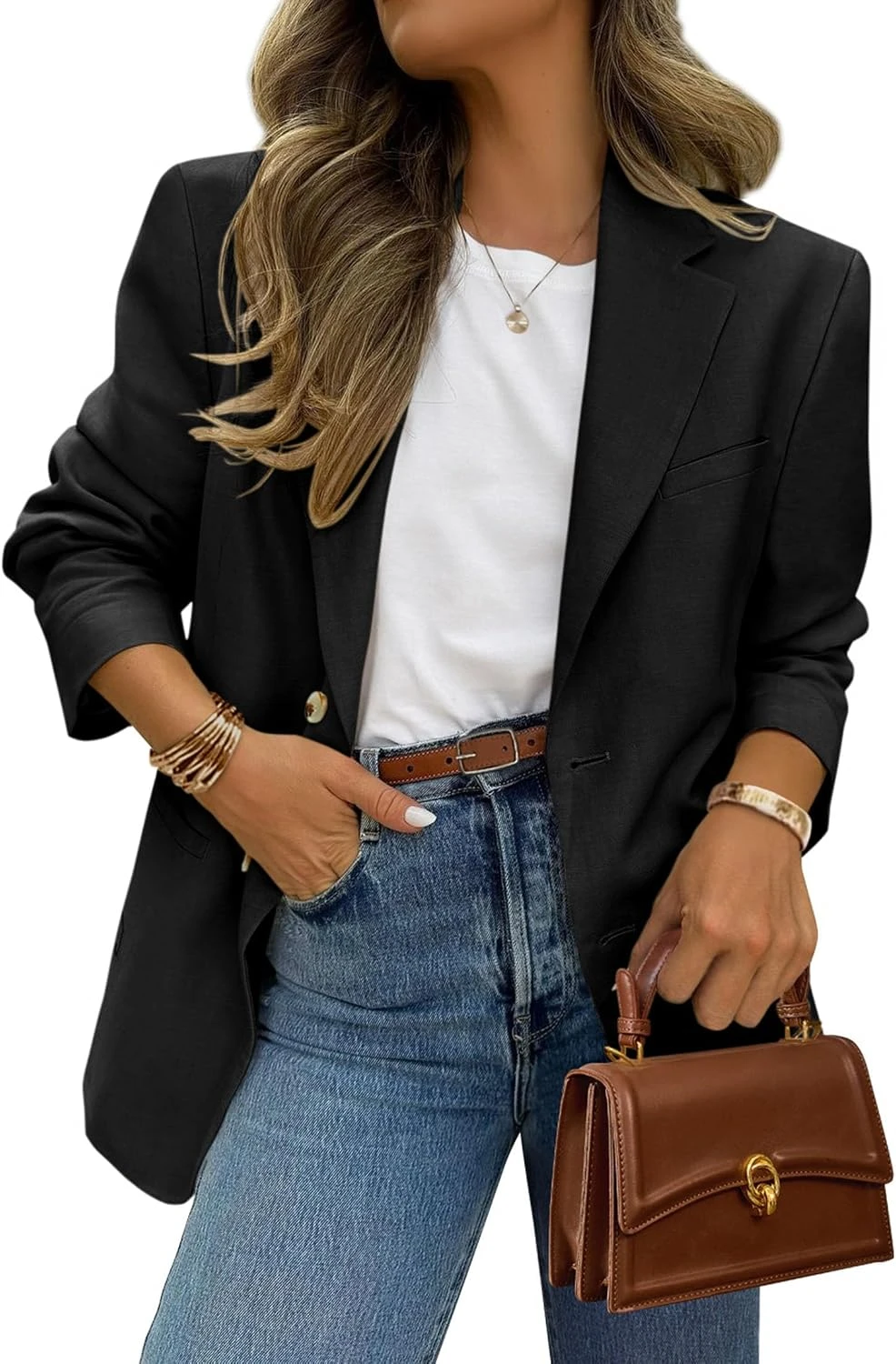 Black relaxed blazer over red slip dress