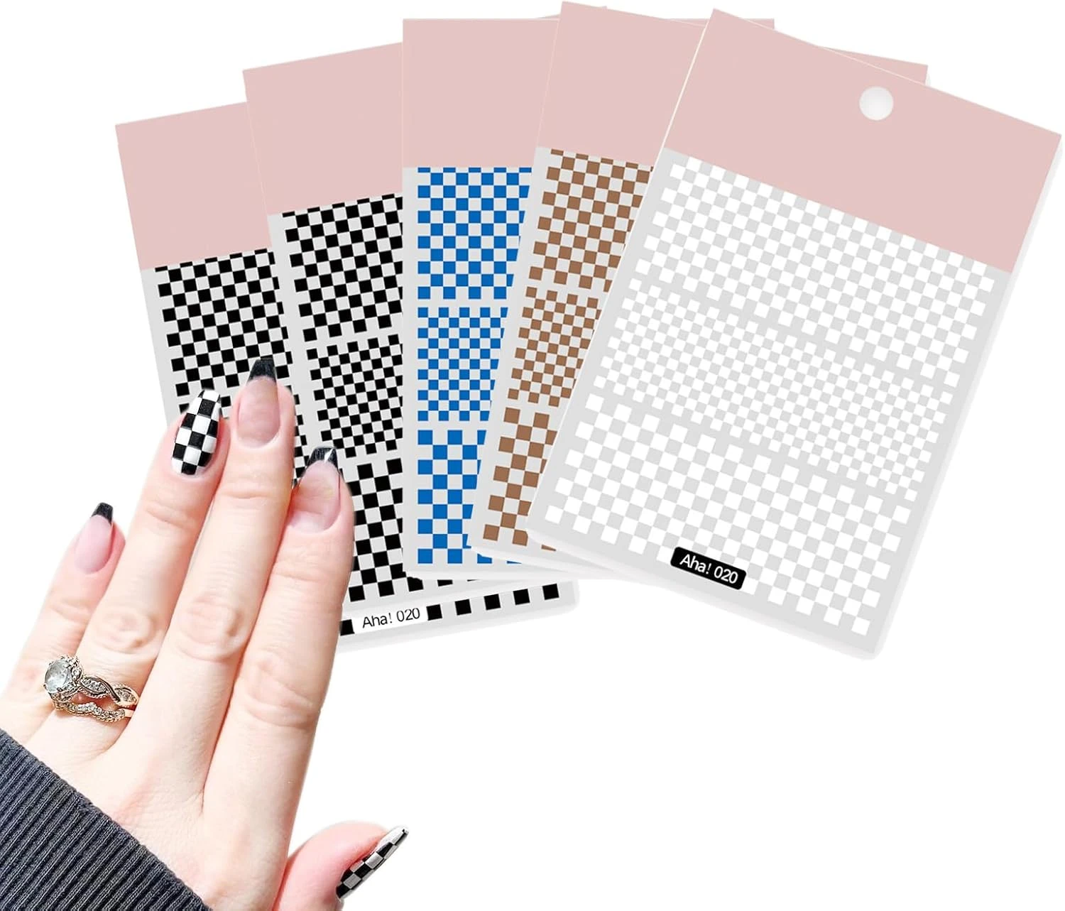 Checkerboard nail stencils for sage and pink nails