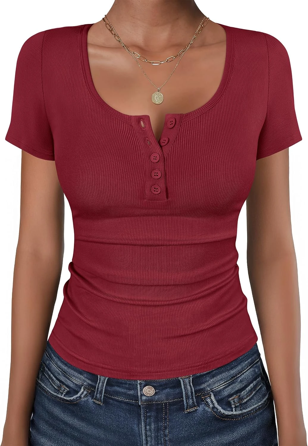 Cherry red knit top for denim outfit