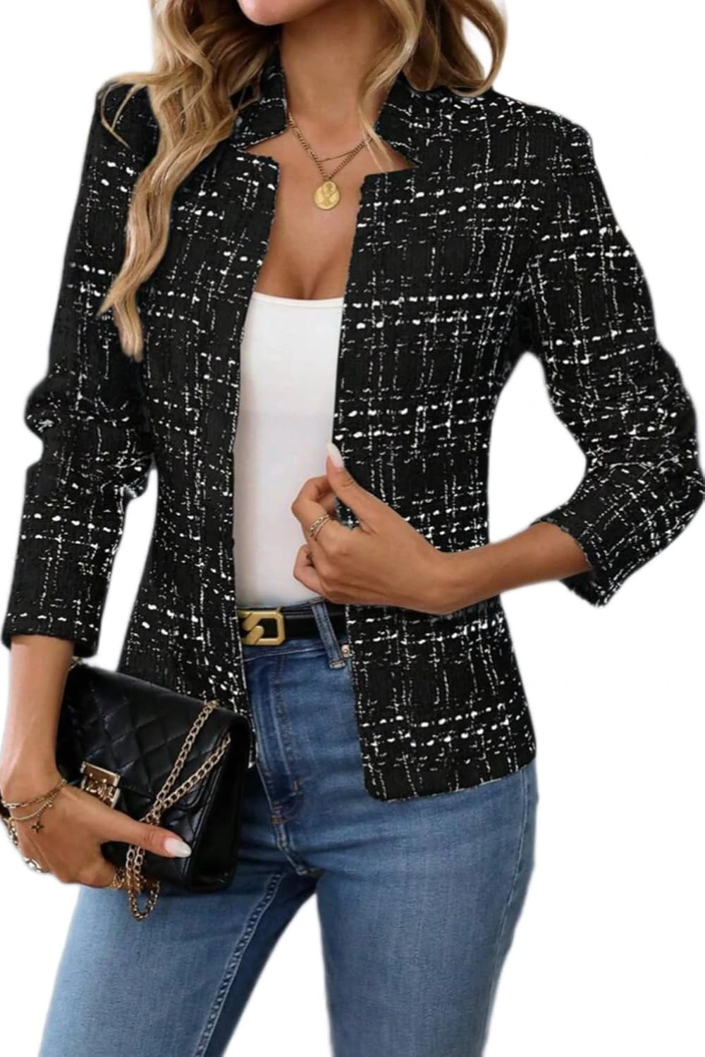 Contrast tailored blazer over sheath dress
