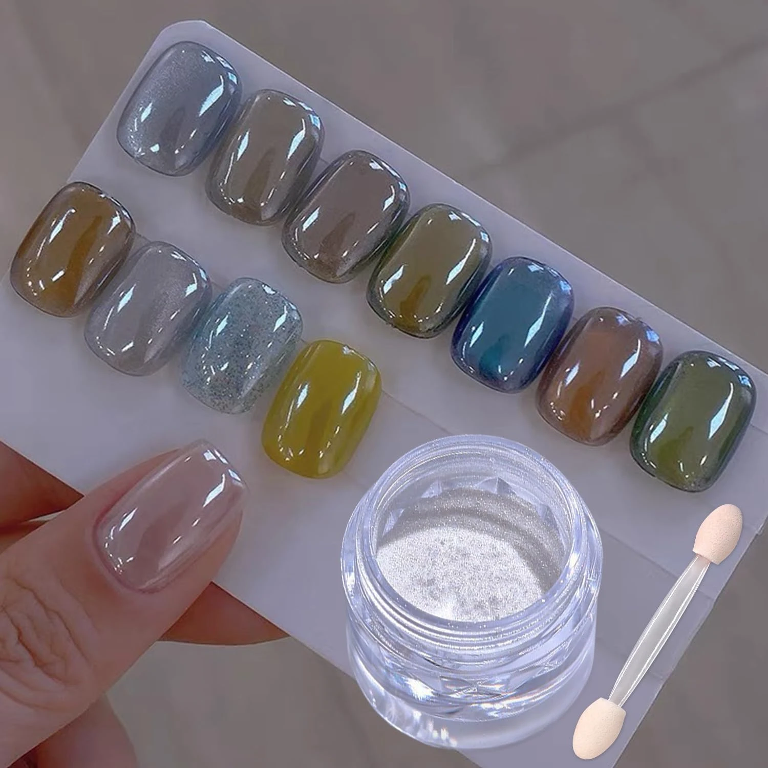 Cool pearl glaze powder for blue shimmer nails