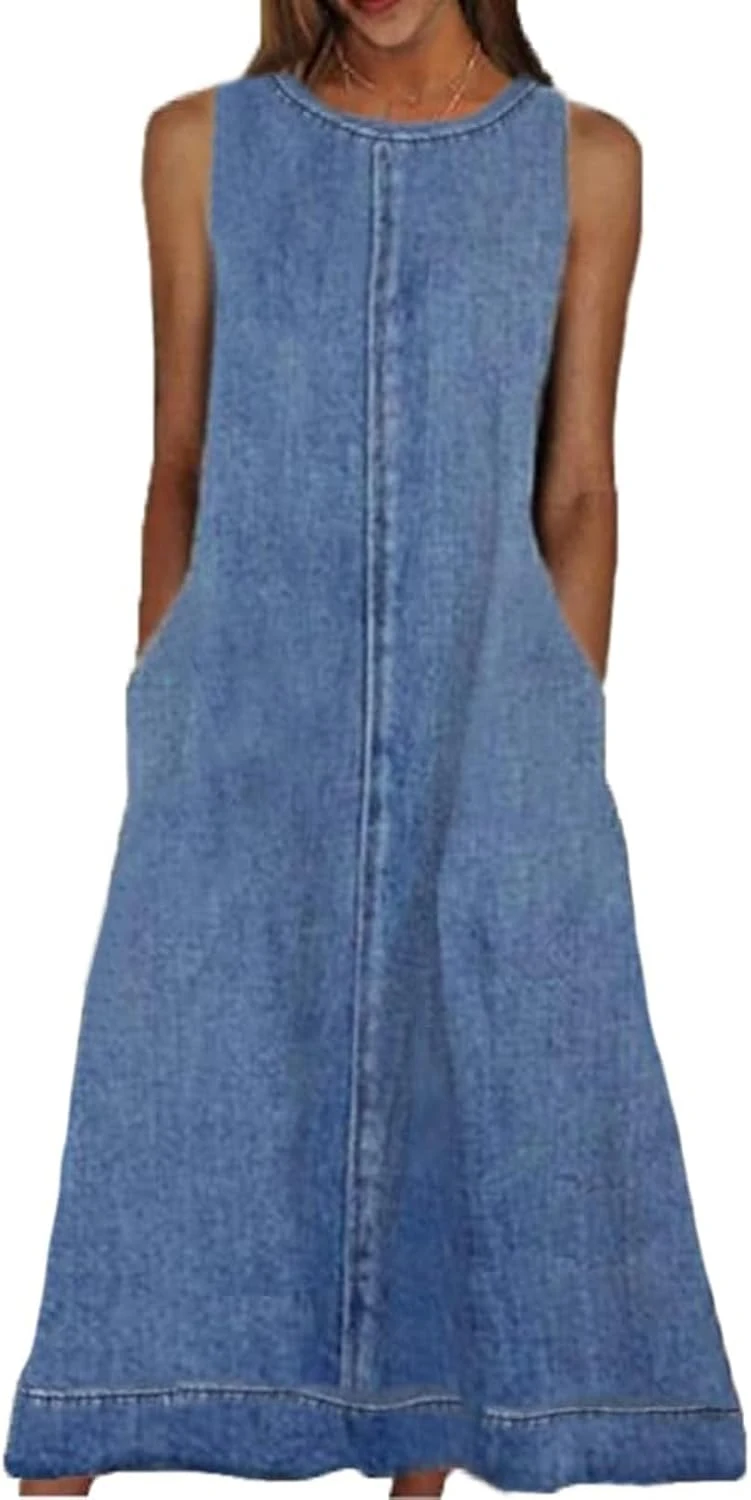 Denim maxi dress in long column cut