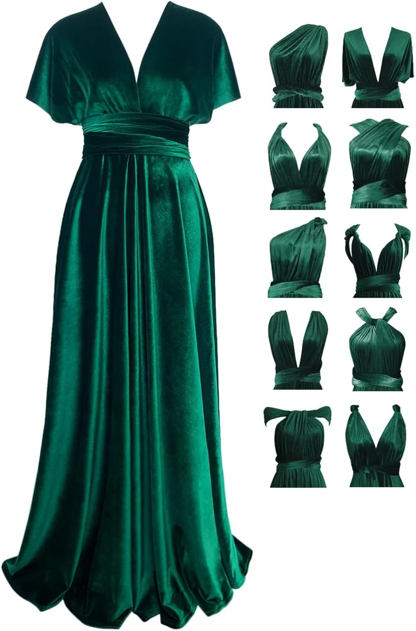 Emerald velvet maxi dress for winter evening