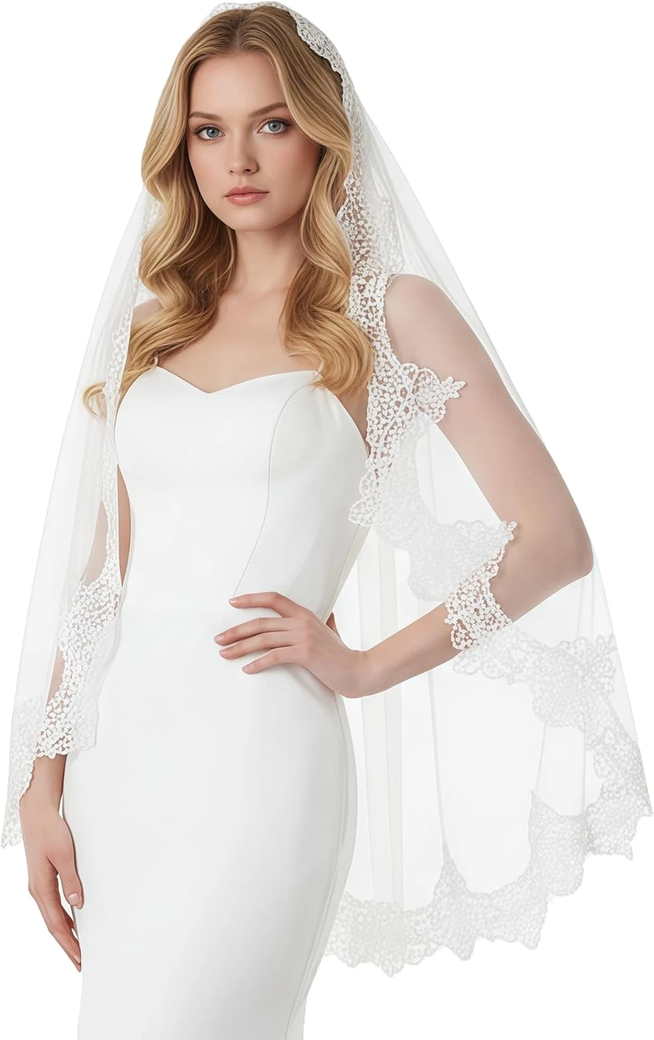 Lace edge fingertip veil for hybrid gown