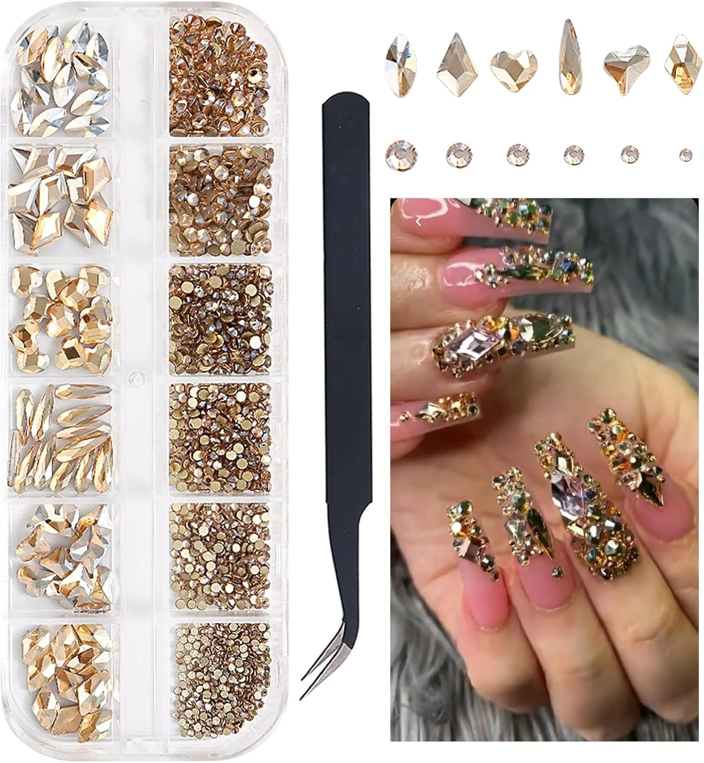 Gold nail art rhinestones for champagne cat eye nails