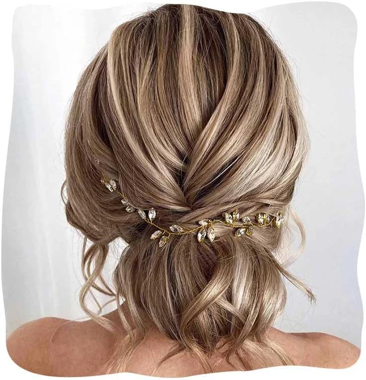 Gold vine headpiece for champagne silk gown