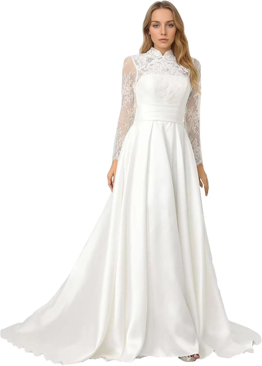High neck satin bridal gown in sleek cut