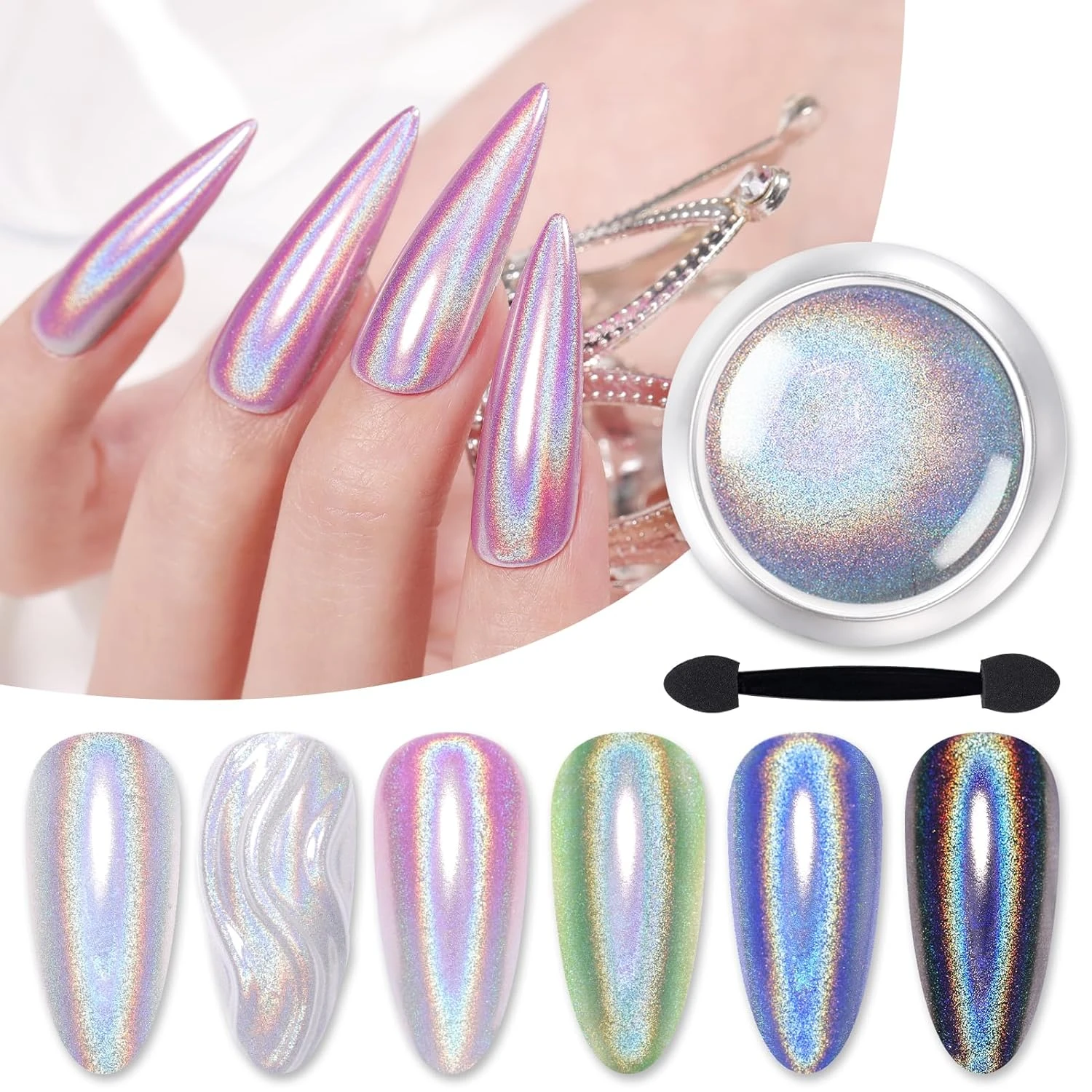 Holographic nail powder for a rainbow shift on glass nails