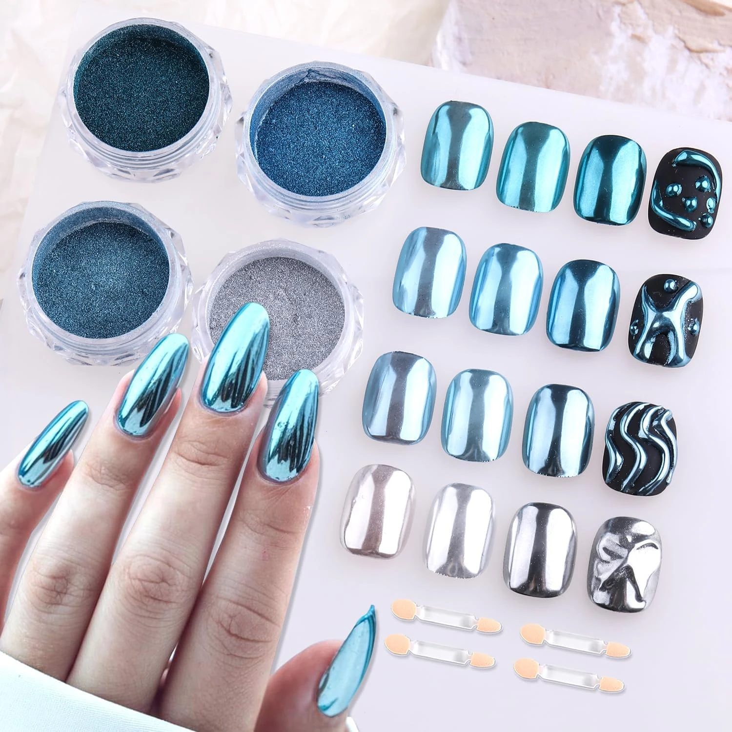 Icy blue chrome nail powder for accent nail detail