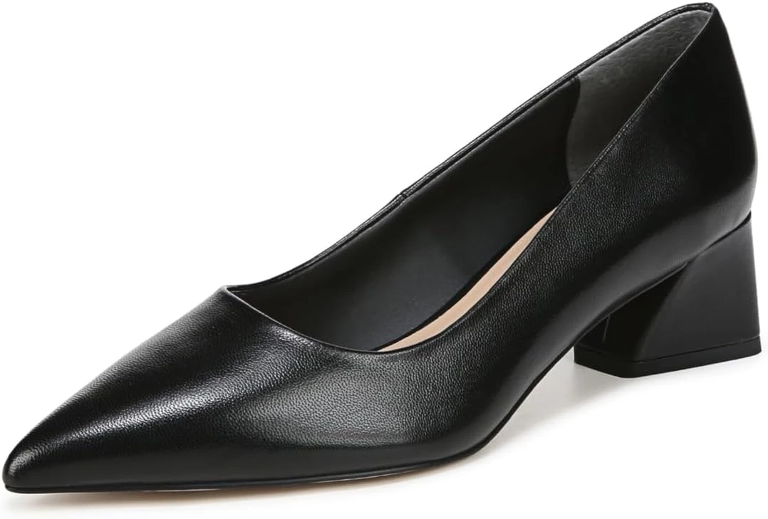 Low block heel pumps for wrap dress office outfit