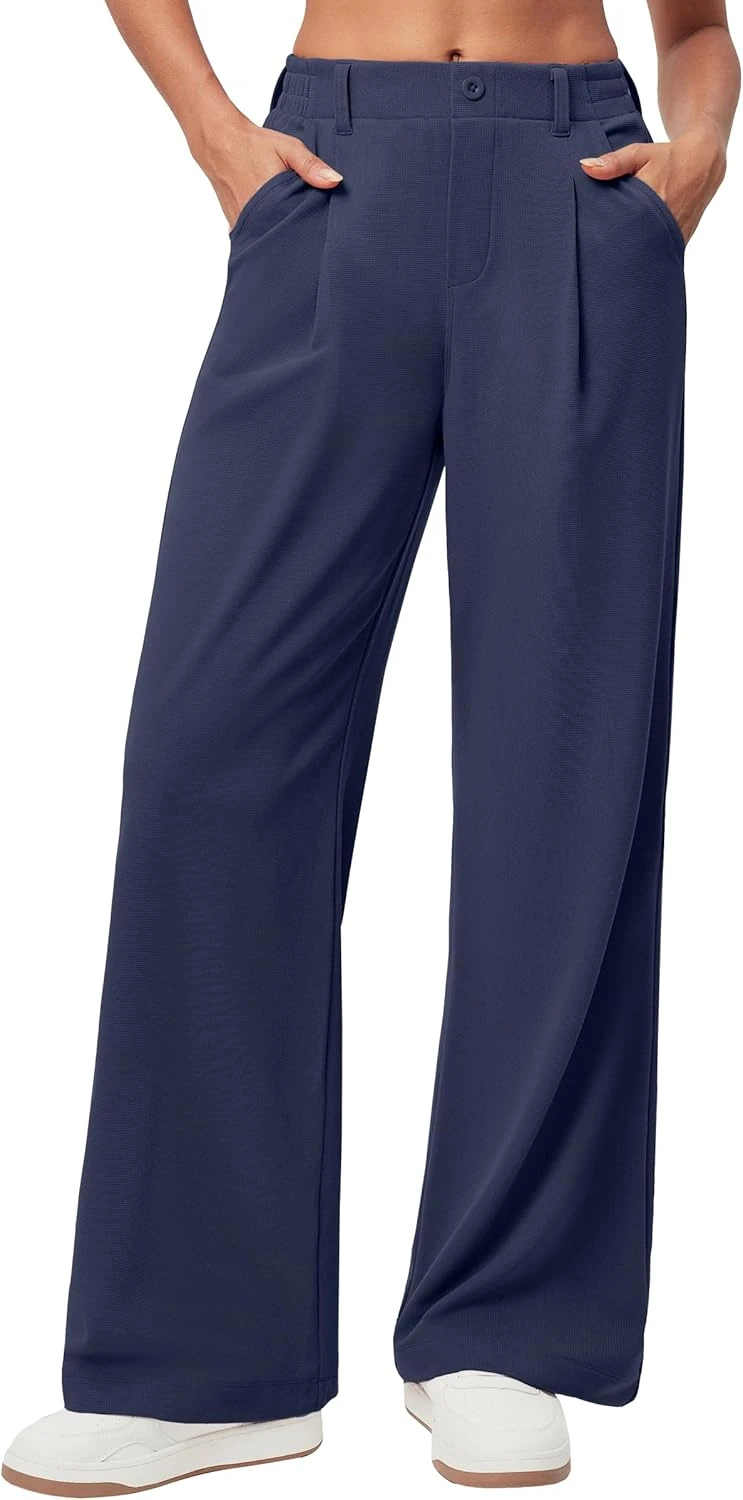 Navy pressed trousers for deep red office look