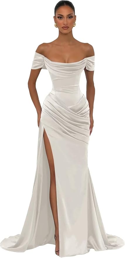 Off shoulder silk wedding dress with drape